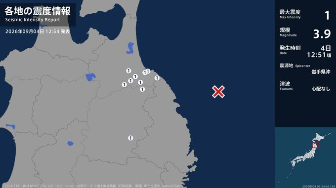 青森県、岩手県で最大震度1の地震　青森県・八戸市、三戸町、五戸町、青森南部町、階上町、岩手県・盛岡市|TBS NEWS DIG
