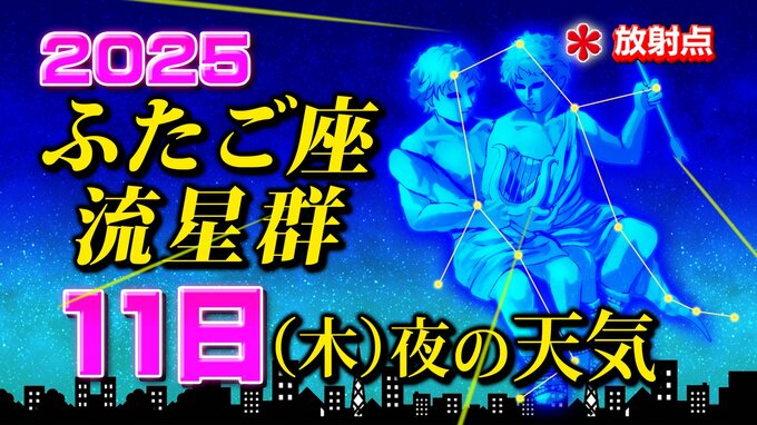 【ふたご座流星群２０２５】今日１１日（木）夜の天気「放射点の見つけ方・時間帯は何時がいい？・観察のポイント」今夜の天気（１時間ごと）・全国各地の週間予報「極大の時は悪天候のおそれ」|TBS NEWS DIG