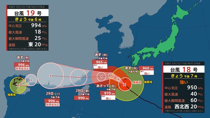 【台風情報】"ダブル台風"…強い台風18号(ソウデル)は沖縄に接近　最大瞬間風速60メートル　台風19号(ナーラ)は24時間以内に熱帯低気圧に　進路予想、今後の天気を画像で　気象庁【進路図で見る】　|　山形のニュース│TUYテレビユー山形