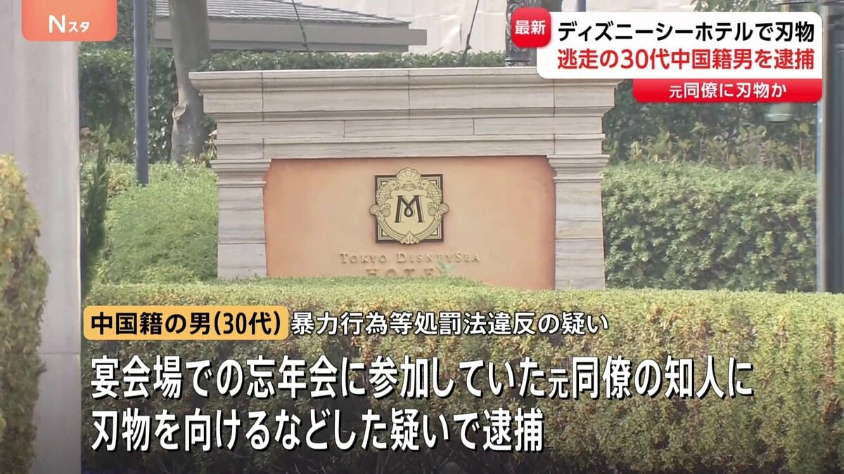 【速報】30代中国籍の男逮捕　元同僚に刃物　東京ディズニーシーのホテルミラコスタ宴会場に侵入・逃走　忘年会を開催していた会社の元従業員
