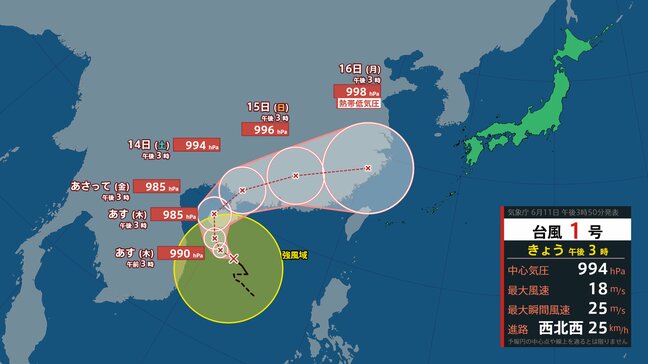【速報】台風1号が発生 台風のたまご=熱帯低気圧から台風へ…中心の気圧は994ヘクトパスカル【気象庁・台風情報】11日16時更新|TBS NEWS DIG