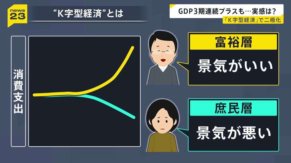 GDP3期連続プラス成長も… 個人消費マイナスで“実感なし” 二極化「K字型経済」って?【news23】 | TBS NEWS DIG (1ページ)