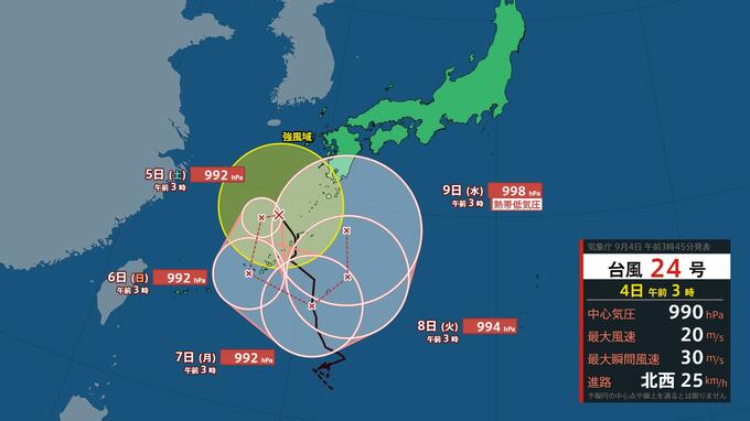 【台風情報】台風24号“再北上”予想…7日(月)頃にかけて警報級大雨のおそれ長引く【最新予想進路図4日午前6時】|TBS NEWS DIG