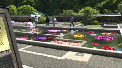 70年代 ビンテージ 庭園 富士山 灯篭 松 赤い橋 牡丹 カップル 夫婦 置物 松山城の二之丸史跡庭園を彩る色あざやかな4000本の花「恋する庭園
