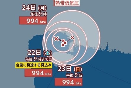 【台風情報】トンキン湾付近の「熱帯低気圧b」が24時間以内にまでに台風に発達見込み　発生すると今月6つ目、「台風19号」に　台風18号(ソウデル)の進路予想・今後の雨風シミュレーション【気象庁21日22時15分発表】|TBS NEWS DIG