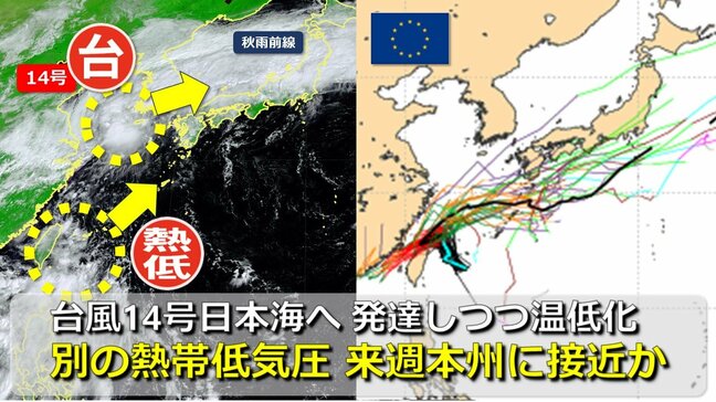 【台風情報】台風14号はやや発達しつつ温帯低気圧へ “秋雨前線と一体化”して山陰沖に　気象庁進路予想のその先は？ 沖縄周辺には「別の熱帯低気圧」25日以降に本州接近も　気象庁・アメリカ・ヨーロッパ進路予想比較【26日(木)まで雨・風シミュレーション】|TBS NEWS DIG