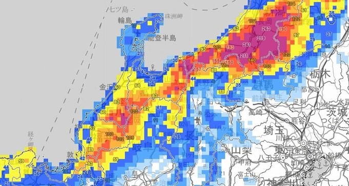 【大雪情報】北陸地方　25日夜遅くにかけて平地でも大雪に…新潟県魚沼市守門265㎝　富山県富山市猪谷79㎝　石川県白山市河内81㎝　福井県大野市九頭竜134㎝（25日10時現在の積雪）【雪と雨のシミュレーション】　|　富山のニュース｜天気・防災｜チューリップテレビ