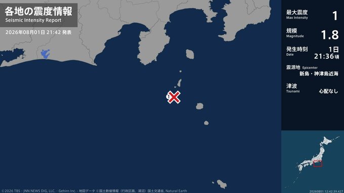 東京都で最大震度1の地震　東京都・神津島村|TBS NEWS DIG