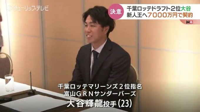 千葉ロッテ2位指名の富山GRNサンダーバーズ大谷投手が契約　契約金7000万円　楽天８位指名の青野拓海選手も契約合意|TBS NEWS DIG