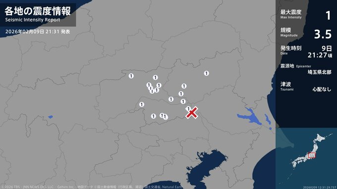 栃木県、群馬県、埼玉県で最大震度1の地震　栃木県・宇都宮市、佐野市、群馬県・前橋市、桐生市、伊勢崎市|TBS NEWS DIG