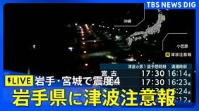 【ライブ】岩手県に津波注意報　岩手県沖70キロで津波を観測　岩手・宮城で最大震度4のやや強い地震（2025年11月9日）|TBS NEWS DIG
