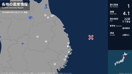 震度1 岩手県沖 2026年04月22日01:18ごろ 地震詳細 | 大分のニュース