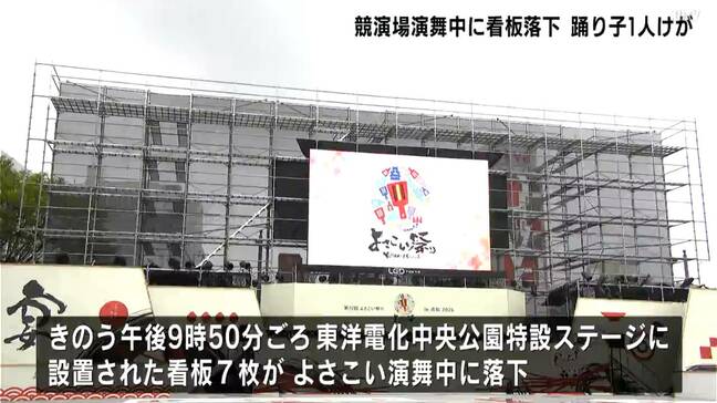 よさこい祭り本番1日目　ステージ看板が落下し演舞中の踊り子１人けが　当時16.1mの最大瞬間風速を観測【高知】|TBS NEWS DIG
