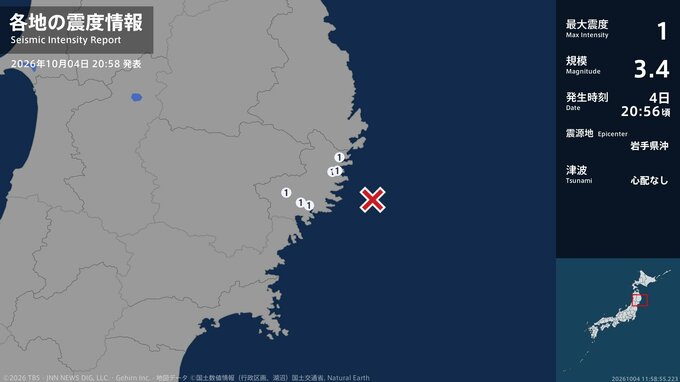岩手県で最大震度1の地震　岩手県・大船渡市、釜石市、住田町、大槌町|TBS NEWS DIG