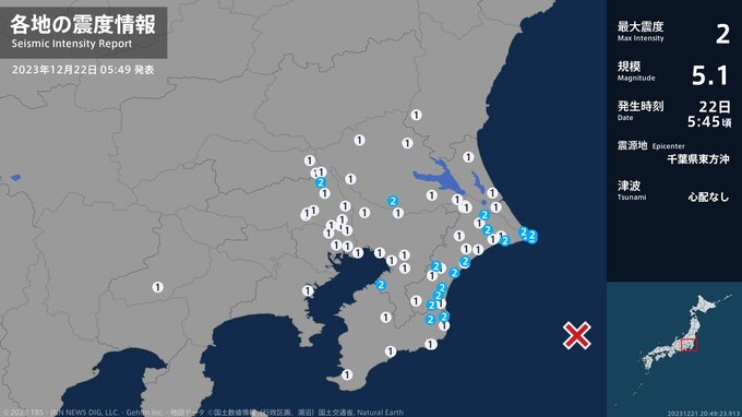 茨城県、埼玉県、千葉県で最大震度2の地震 茨城県・取手市、神栖市、埼玉県・宮代町、千葉県・銚子市、東金市|TBS NEWS DIG