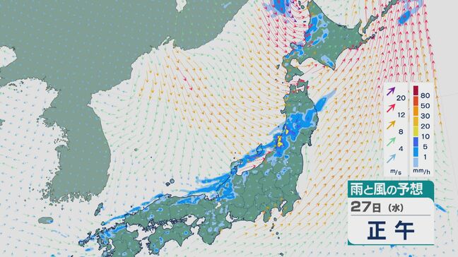 27日(水)は寒冷前線に沿うように日本海側に「発達した雨雲が襲来」 北陸では急な雷雨に注意を 低気圧の中心付近の北日本は大雨 土砂災害などに厳重警戒を 雨と風シミュレーション|TBS NEWS DIG