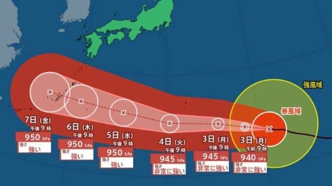 【台風13号】最大瞬間風速65メートル、940ヘクトパスカル…小笠原諸島や沖縄・奄美へ　進路によっては警報級大雨のおそれ　暴風と高波に警戒【雨と風のシミュレーション】　|　富山のニュース｜天気・防災｜チューリップテレビ