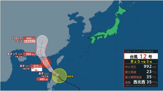 【台風情報】今後の勢力・進路はどうなる？ 台風12号(ノウル)は今どこに？ 現在時速35kmの速さで西北西へ進む　最大瞬間風速50メートル予想　全国の天気を画像で　気象庁　|　山形のニュース│TUYテレビユー山形