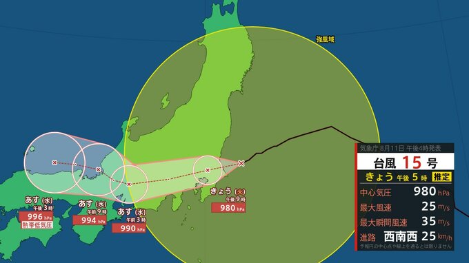 【台風情報】台風15号（チャンホン）11日今夜関東に上陸へ 中心気圧980hPa、24時間予想降水量180ミリ、西へ進み名古屋・西日本へ 大雨・暴風・高潮に厳重警戒《雨風シミュレーションと全国の週間予報》|TBS NEWS DIG