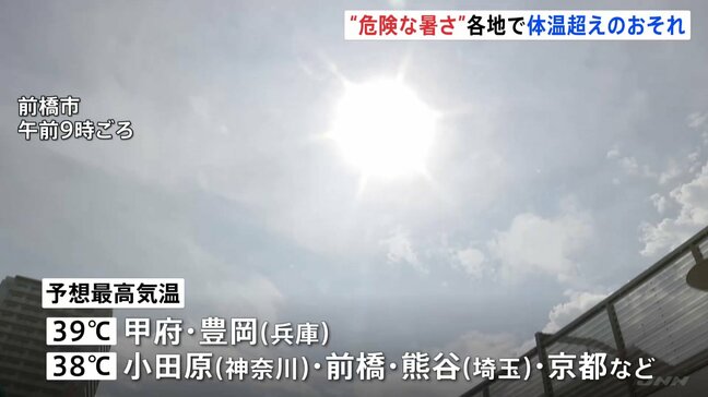 【きょうも酷暑に】静岡で40℃予想 甲府市・兵庫県豊岡市で39℃、神奈川県小田原市や京都市などで38℃予想|TBS NEWS DIG