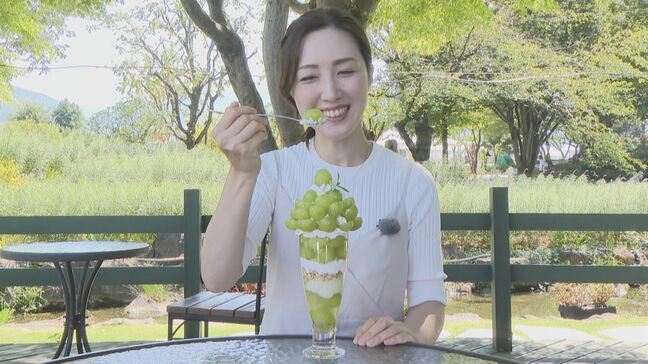 下から上までシャインマスカット　28センチの迫力満点パフェ　映える！緑と紫のクリームソーダも初登場　山梨・ハーブ庭園旅日記|TBS NEWS DIG