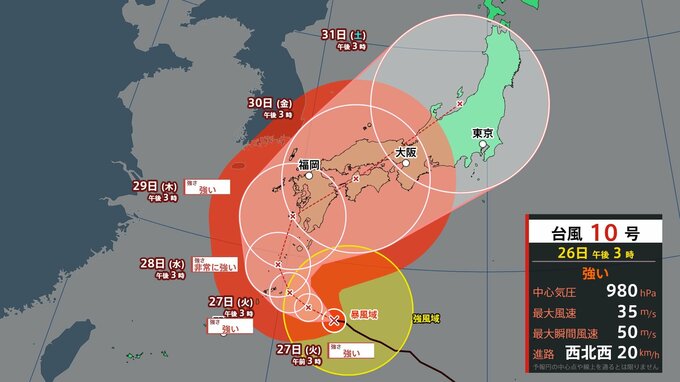 【最新台風情報】台風10号どう進む？29日(木)頃に九州に上陸後、西日本横断か 29日(木)以降は四国 中国 関西 北陸 東北を進む見込み|TBS NEWS DIG