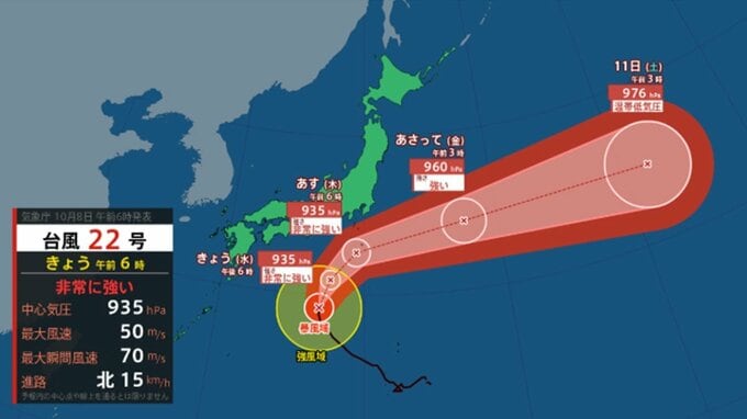 最新・台風22号は「非常に強い勢力」に発達　あすにも伊豆諸島に直撃のおそれ　最大瞬間風速70メートルで今後の進路と勢力は　気象庁発表情報で雨、風、波の状況は|TBS NEWS DIG
