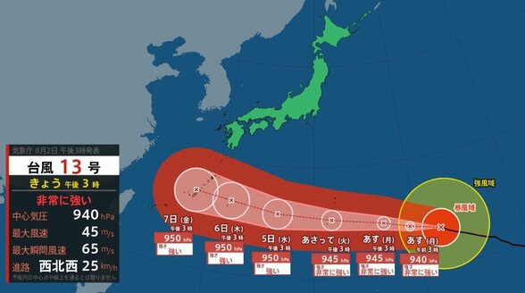 【台風情報】台風13号（ドルフィン）非常に強い勢力で西北西へ【雨と風のシミュレーション】最大瞬間風速65m・中心気圧940hPaで小笠原近海から東シナ海へ　|　富山のニュース｜天気・防災｜チューリップテレビ