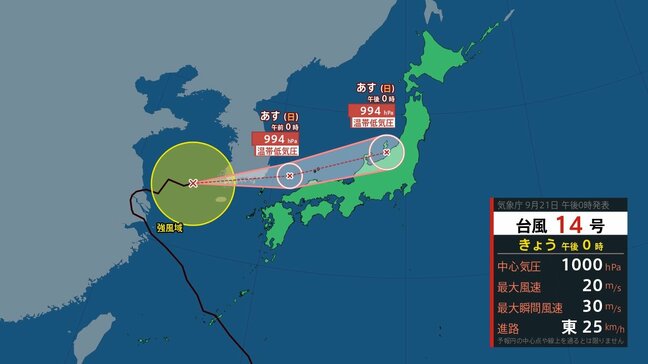 【台風最新情報】「台風14号」がUターン3連休の日本列島へ…21日夜から本州に接近か 気になる連休は全国的に雨予想か|TBS NEWS DIG