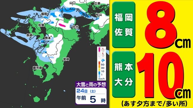 【九州 大雪情報】福岡佐賀８ｃｍ 熊本大分１０ｃｍ 平地でも大雪のおそれ  来週は南岸低気圧で再び「雪」【雪シミュレーション ２３日（金）～２７日（火）／  九州各都市の週間予報】福岡・佐賀・長崎・大分・熊本・宮崎・鹿児島|TBS NEWS DIG