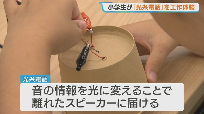 「光糸電話」の実験キットを手元で組み立て・操作する様子