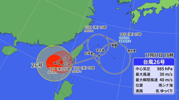 【台風情報】台風26号から離れた雲　沖縄で1時間に120ミリ降った地域も　国頭村・東村に土砂災害警戒情報　14日ごろまで警報級の大雨に警戒　今後の進路予想は（11日午後8時現在）|TBS NEWS DIG