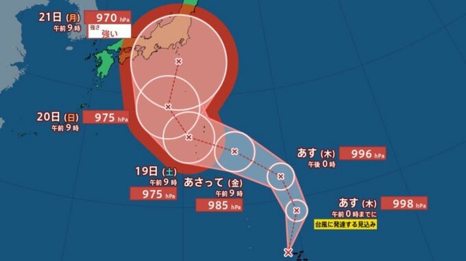 【台風情報】マリアナ諸島の熱帯低気圧 “熱帯低気圧” 台風に発達へ　 21日（月）には970hPaの “強い勢力” で小笠原近海、日本の南へ【雨と風のシミュレーション】　|　富山のニュース｜天気・防災｜チューリップテレビ