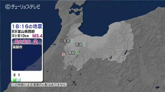 富山県西部を震源とする地震　南砺市で最大震度2　　|　富山のニュース｜天気・防災｜チューリップテレビ