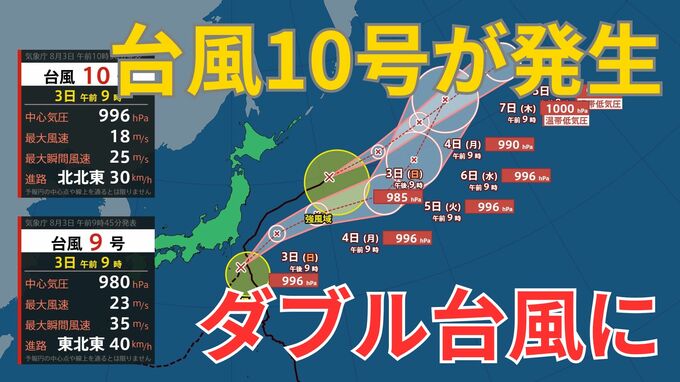 【ダブル台風】台風10号が発生…時速約30キロで北北東へ進む　本州への直接的な影響は限定的も、海上では波が高くなるおそれ　【雨と風のシミュレーション】　|　富山のニュース｜天気・防災｜チューリップテレビ