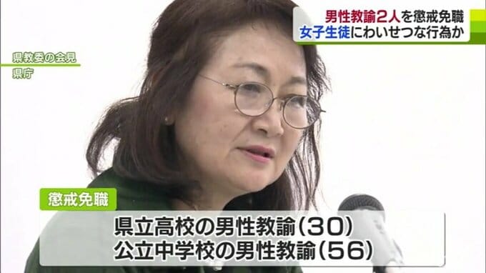 「教育全体に対する県民の皆さまの不信を招くもの…」18歳未満の女子生徒にわいせつな行為など　10年以上前の事案も…　県立高校の男性教諭（30）と公立中学校の男性教諭（56）の2人を懲戒免職|TBS NEWS DIG