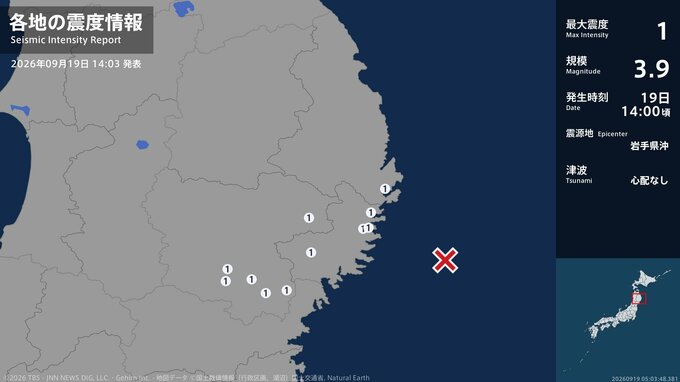 岩手県で最大震度1の地震　岩手県・山田町、釜石市、住田町、大槌町、遠野市、一関市、奥州市、平泉町|TBS NEWS DIG