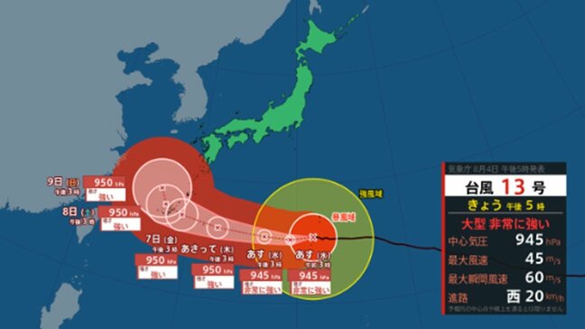 【台風情報】小笠原諸島・沖縄への影響はどうなる? 大型で非常に強い台風13号(ドルフィン) 6日から9日頃にかけて「強い勢力」で沖縄地方へ接近か...今どこに? 最大瞬間風速60m/s予想 勢力、進路予想を詳しく 今後の全国の天気を画像で 気象庁|TBS NEWS DIG