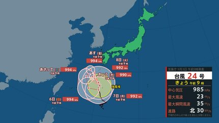 台風情報】最大瞬間風速35m/s・985hPa「台風24号（クロヴァン）」は