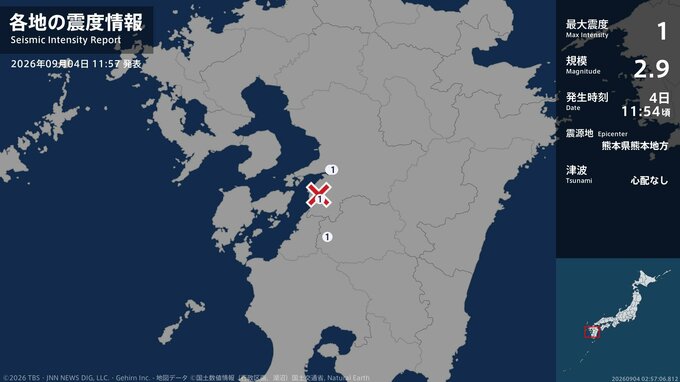 熊本県で最大震度1の地震　熊本県・八代市、宇城市、球磨村|TBS NEWS DIG