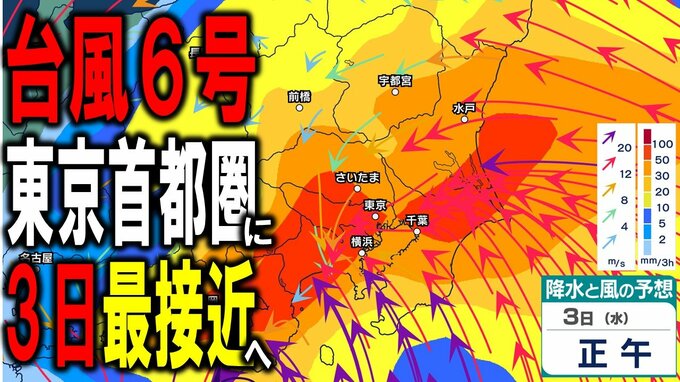 【台風情報・天気】6号いよいよ3日に東京首都圏に最接近へ…　中心気圧980hPa・最大瞬間風速35m/sを維持し続け接近か　東京200ミリの24時間予想降水量も　進路予想・雨風シミュレーションあり|TBS NEWS DIG
