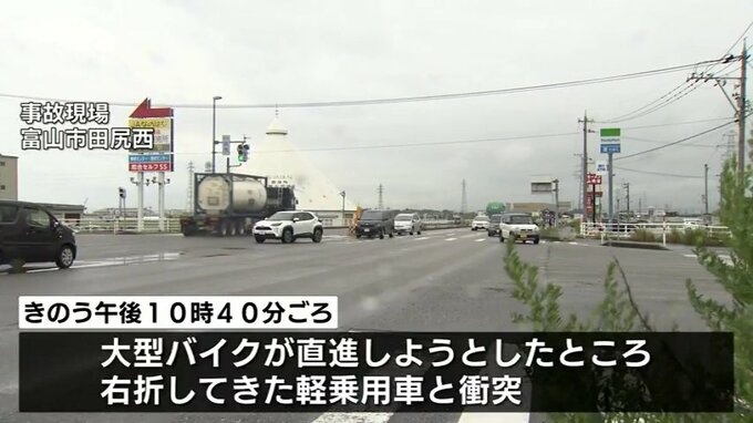 大型バイクと軽乗用車が交差点で衝突　大型バイクの男子専門学校生（18）外傷性ショックで死亡　富山　|　富山のニュース｜天気・防災｜チューリップテレビ