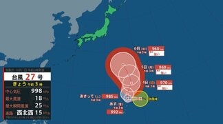 【台風情報】台風27号（チョーイワン）発生、1日午前3時にマリアナ諸島の熱帯低気圧が発達、時速15キロで西北西へ進む　中心気圧は998ヘクトパスカル、最大瞬間風速は25メートル【雨と風のシミュレーション】　|　富山のニュース｜天気・防災｜チューリップテレビ
