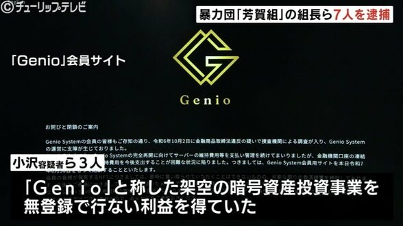 540人から集金した「Genio」収益が暴力団へ　山口組系組長ら7人を逮捕、資金洗浄で組織的犯罪処罰法違反の疑い　富山　|　富山のニュース｜天気・防災｜チューリップテレビ