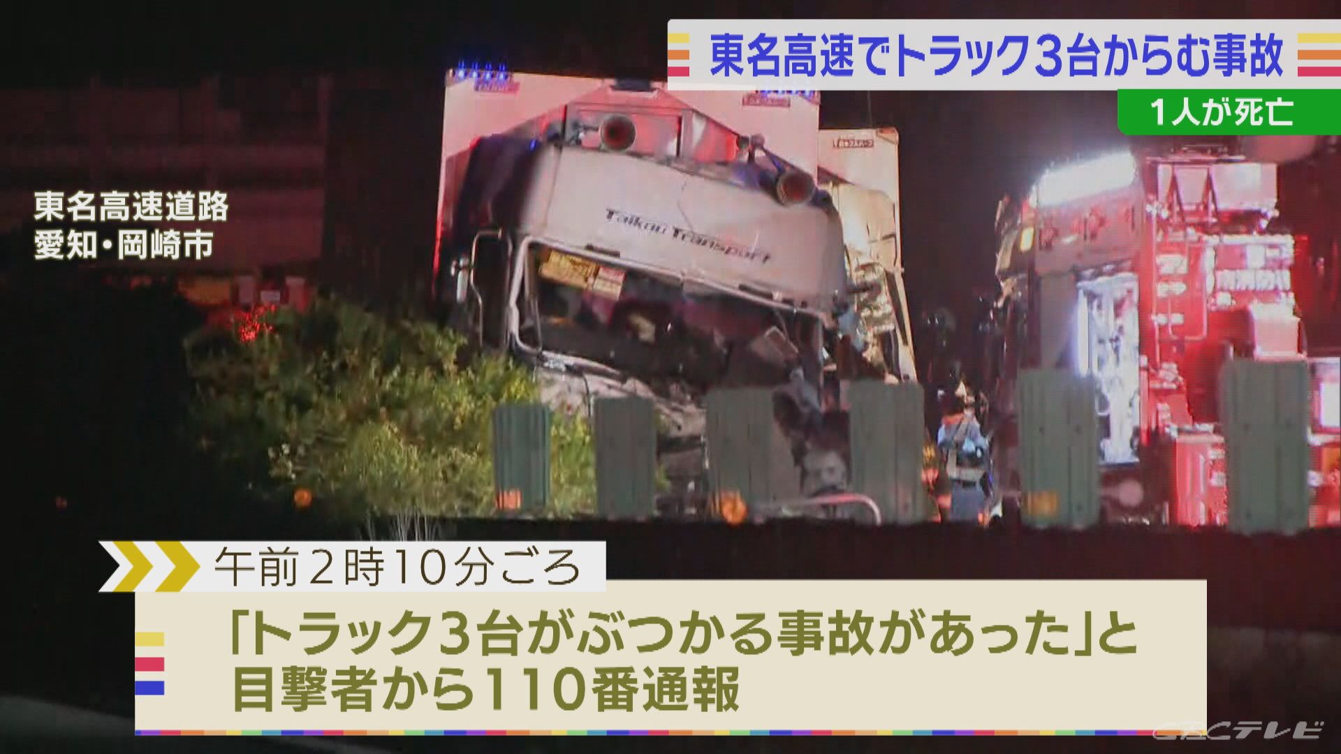 未明の東名高速道路でトラック３台からむ事故、運転手１人死亡　愛知・岡崎市