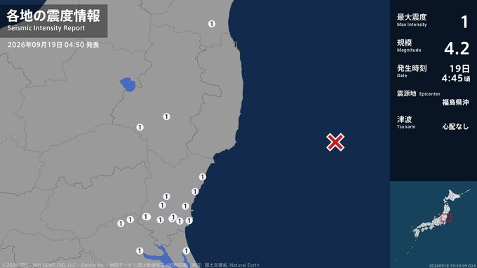 宮城県、福島県、茨城県で最大震度1の地震　宮城県・角田市、福島県・白河市、玉川村、茨城県・水戸市、日立市|TBS NEWS DIG