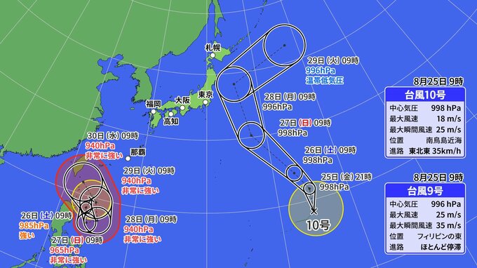 【台風情報・台風進路】台風9号に続いて台風10号も発生　10号が先に日本に接近する進路予想…影響は？雨風シミュレーション（25日11時時点）　|　高知のニュース・天気｜KUTV NEWS | KUTVテレビ高知