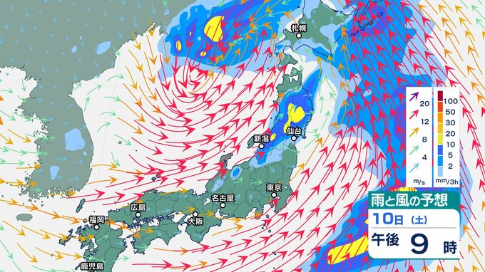 日本海の低気圧 発達しながら東北東へ…東北日本海側は10日夜遅くから南のち西よりの強い風の見込み【雨と風のシミュレーション 3時間ごと】別の低気圧が三陸沖でも発生する見込み|TBS NEWS DIG