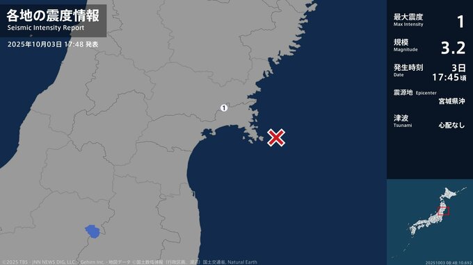 宮城県で最大震度1の地震　宮城県・石巻市|TBS NEWS DIG