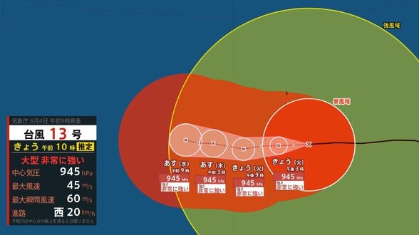 【台風13号】いまどこ？このあとは？最大瞬間風速60メートル「非常に強い」勢力で西へ　今週末 7日（金）8日（土）は沖縄本島近海で停滞か【雨と風のシミュレーション】　|　富山のニュース｜天気・防災｜チューリップテレビ